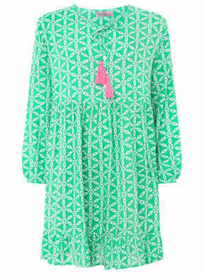 Zwillingsherz Kleid ‚Stargazing‘ in Grün und Pink mit Sternenmuster, Kordeln und Tasseln am Ausschnitt