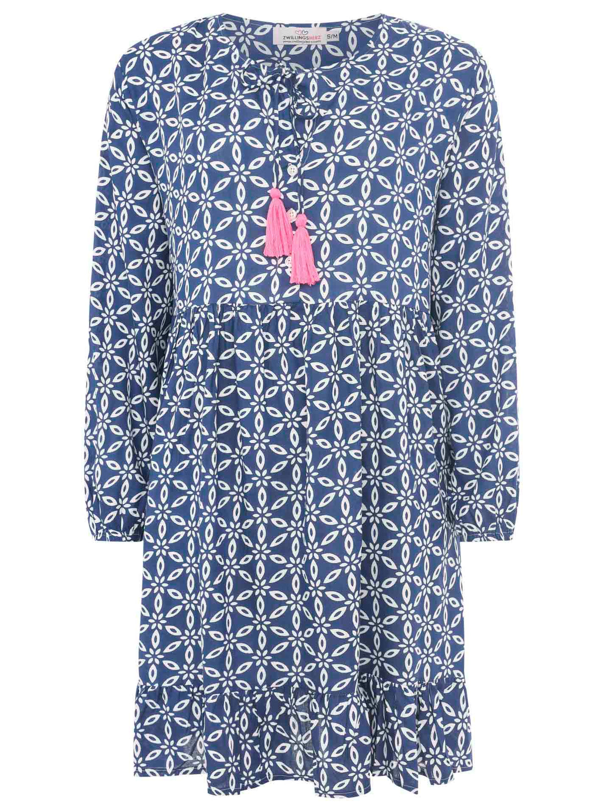 Zwillingsherz Kleid ‚Stargazing‘ in Marineblau mit Kordeln und Tasseln am Ausschnitt