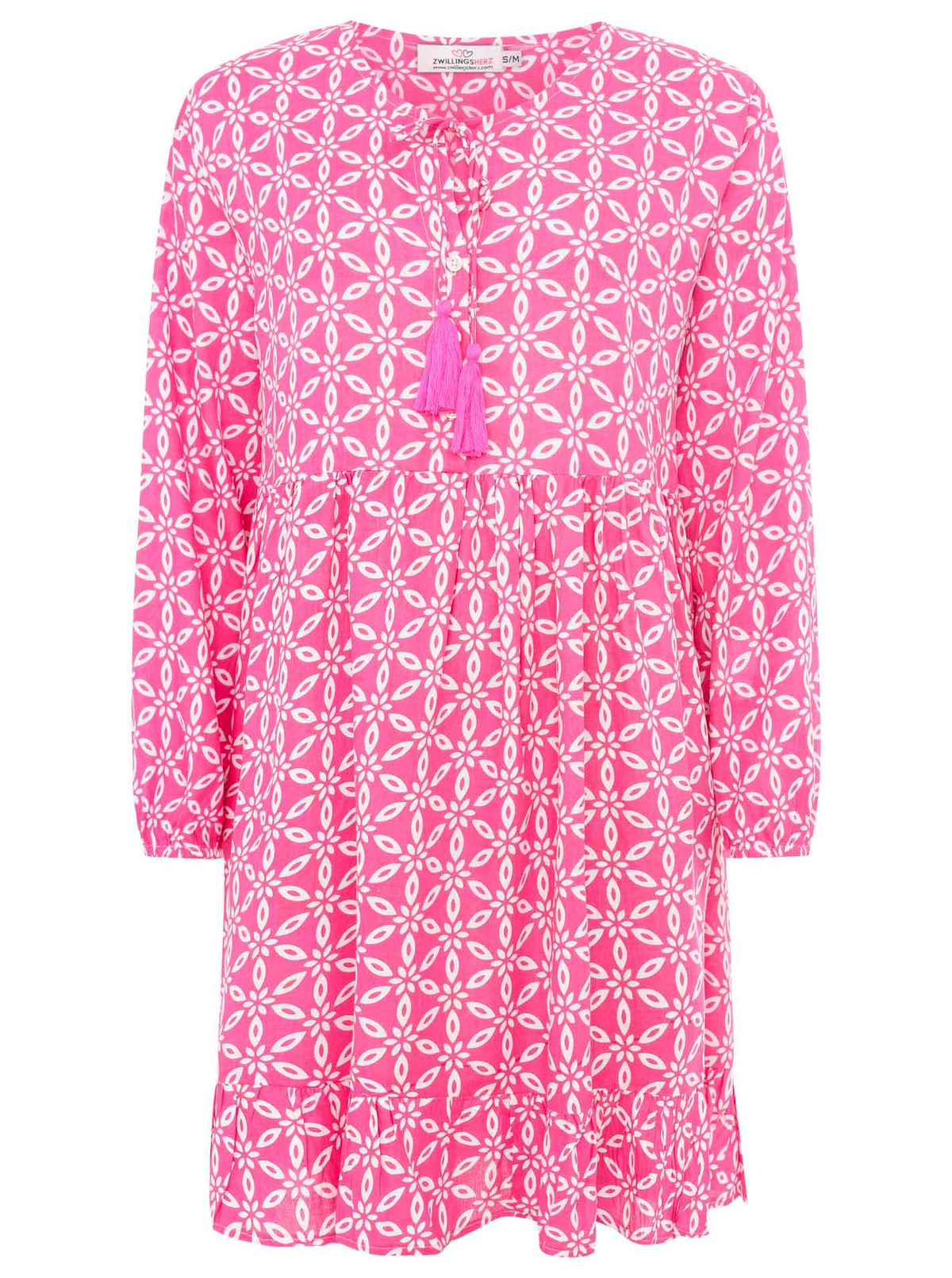 Zwillingsherz Kleid ‚Stargazing‘ in Pink mit Sternenmuster, Kordeln und Tasseln am Ausschnitt