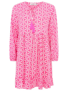 Zwillingsherz Kleid ‚Stargazing‘ in Pink mit Sternenmuster, Kordeln und Tasseln am Ausschnitt