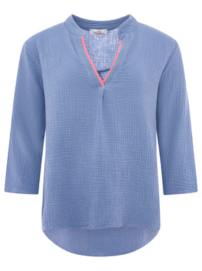 Zwillingsherz - Musselin Bluse Neonkante - Mittelblau