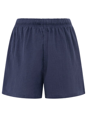 Rückansicht der Zwillingsherz Musselin-Shorts in Dunkelblau – elastischer Bund, weiches Musselin-Material, ideal für den Sommer
