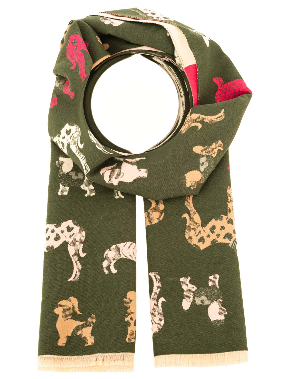 Zwillingsherz Damen Schal Hunde-Parade – Baumwollschal in Khaki mit buntem Hunde-Motiv, stylisches Accessoire für Hundefans