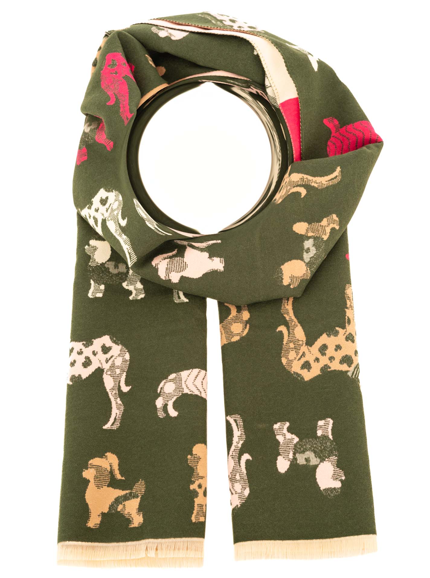 Zwillingsherz Damen Schal Hunde-Parade – Baumwollschal in Khaki mit buntem Hunde-Motiv, stylisches Accessoire für Hundefans