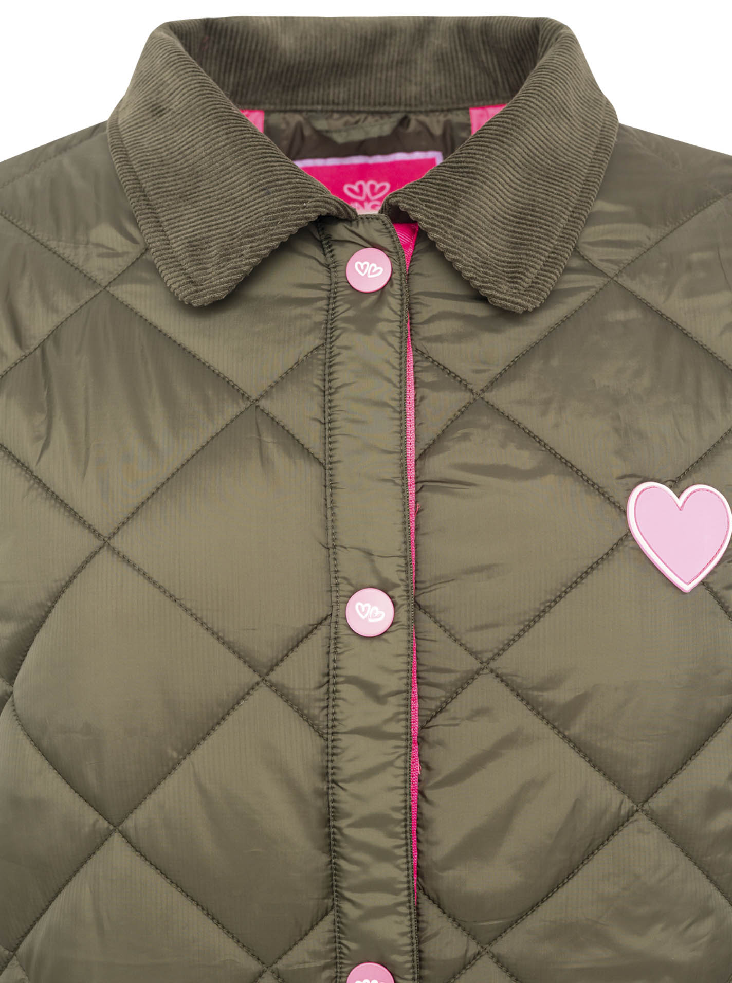 Detailansicht des Kordkragens der Zwillingsherz Steppjacke in Khaki