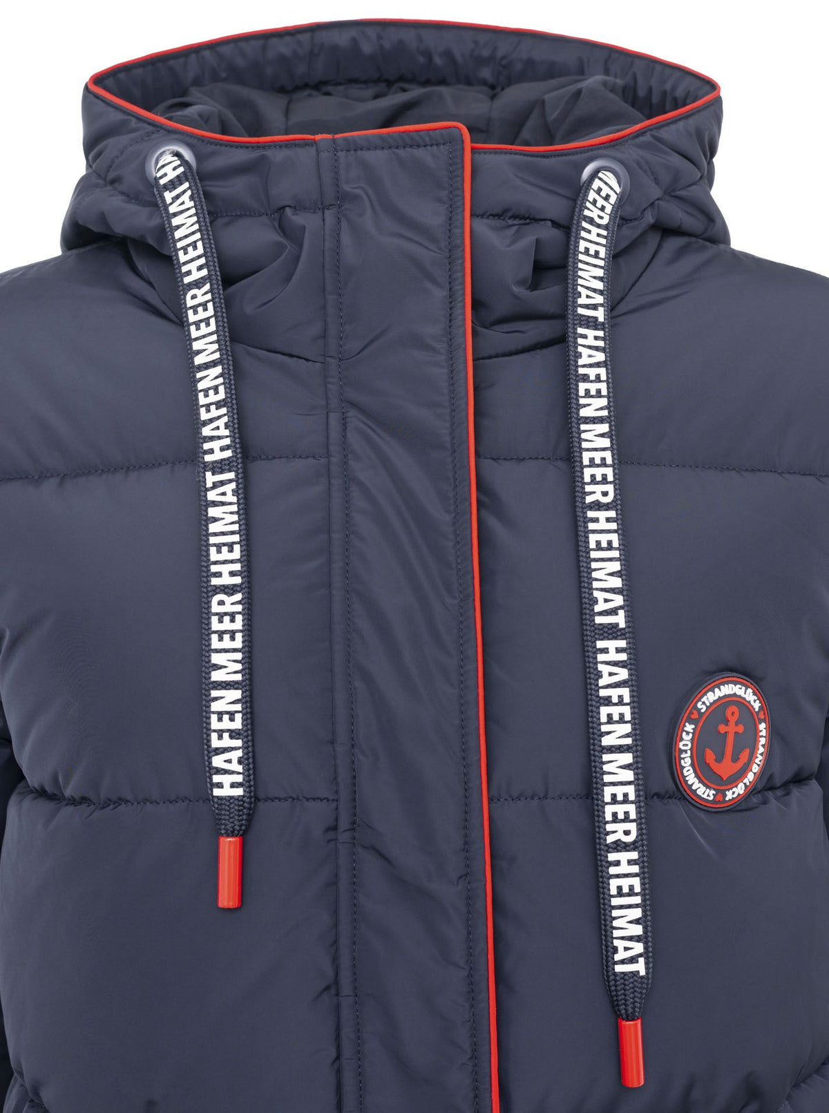Zwillingsherz Steppmantel Damen in Dunkelblau-Navy – Kragendetail mit maritimem Anker-Liebe-Strandglück-Print