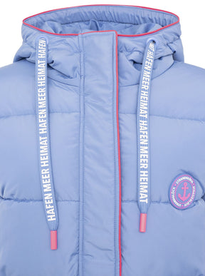 Zwillingsherz Steppmantel Damen in Hellblau-Pink– Kragendetail mit Anker-Liebe-Strandglück-Print