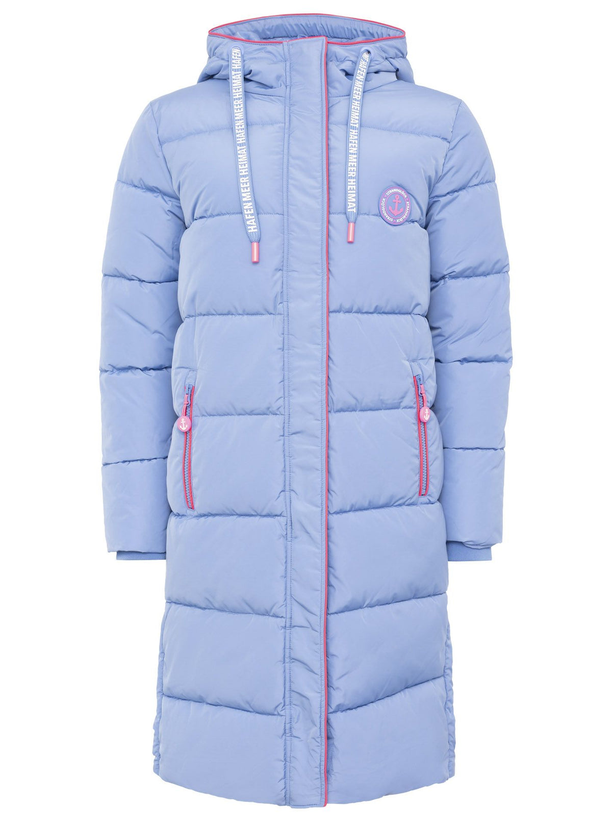 Zwillingsherz Steppmantel Damen in Hellblau-Pink – Vorderansicht mit maritimem Anker-Liebe-Küste-Strandglück-Design