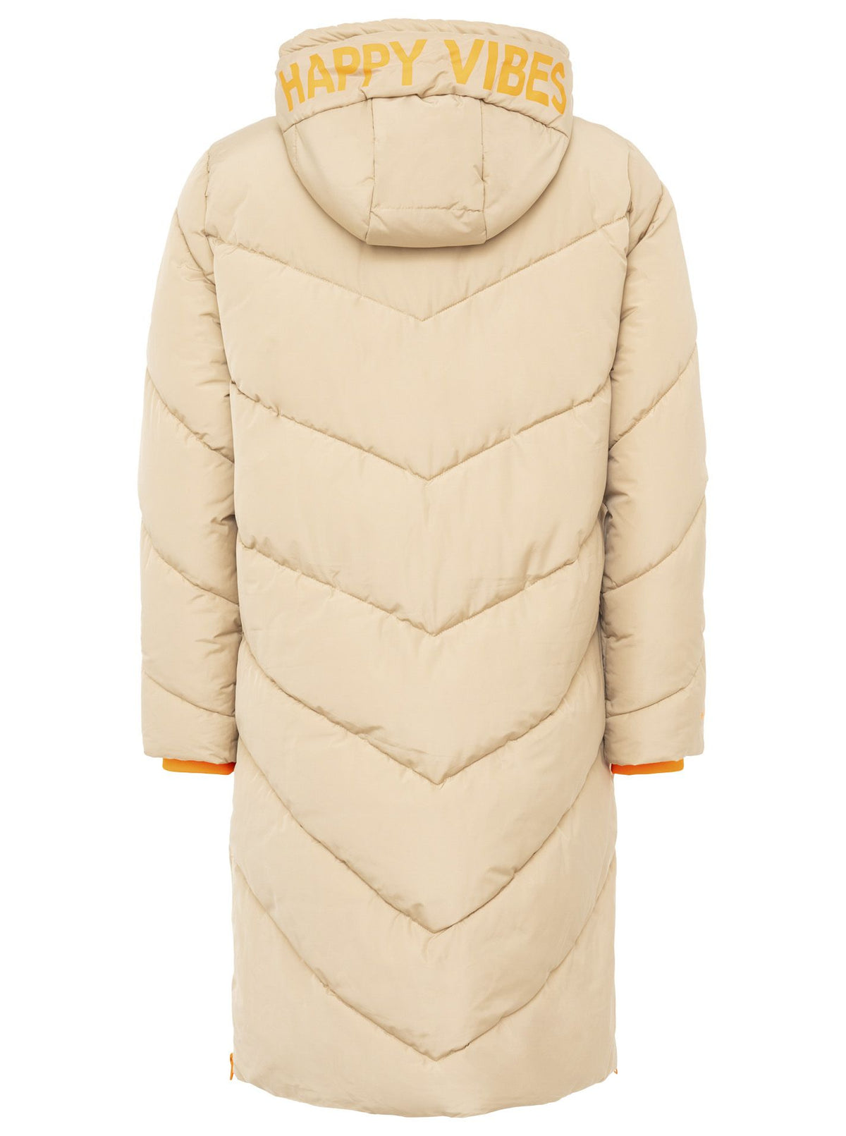 Zwillingsherz Steppmantel mit Kapuze in Orange-Beige – Rückansicht mit großem Happy Vibes Aufdruck