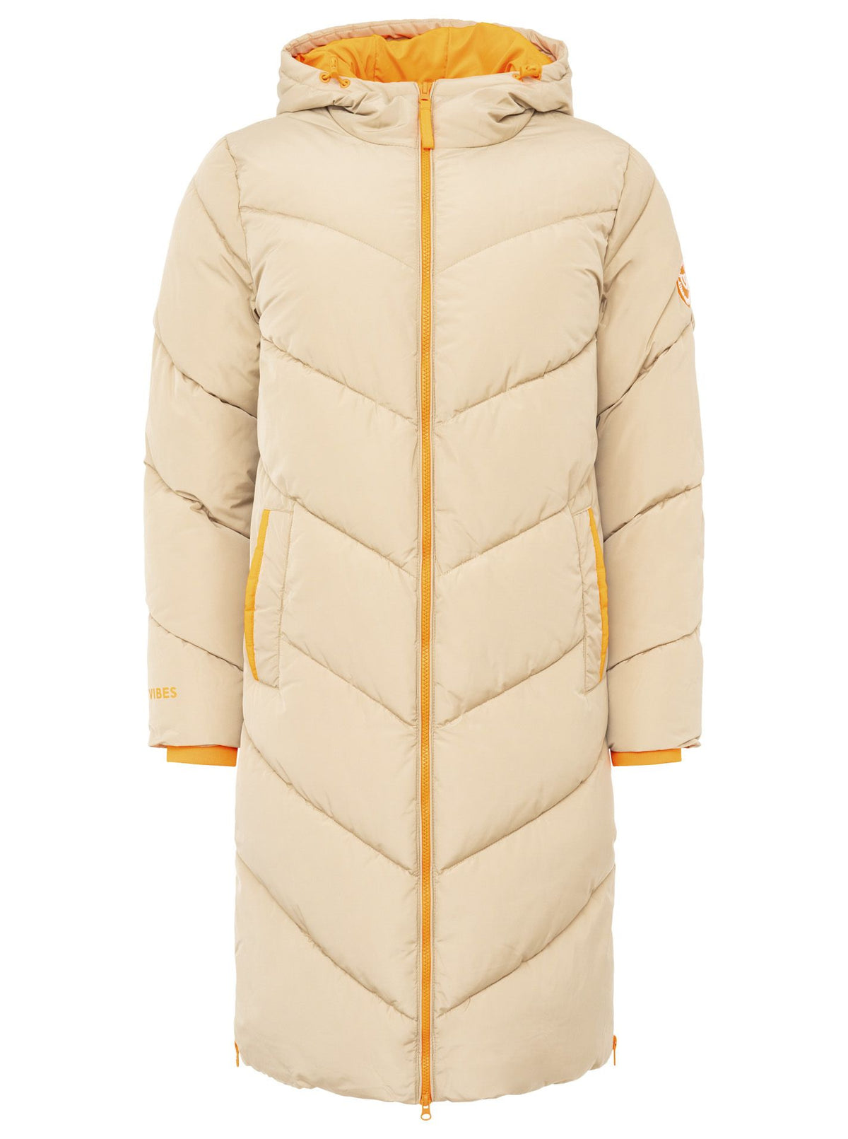 Zwillingsherz Steppmantel mit Kapuze in Orange-Beige – Vorderansicht mit Taschen und modischer Steppung