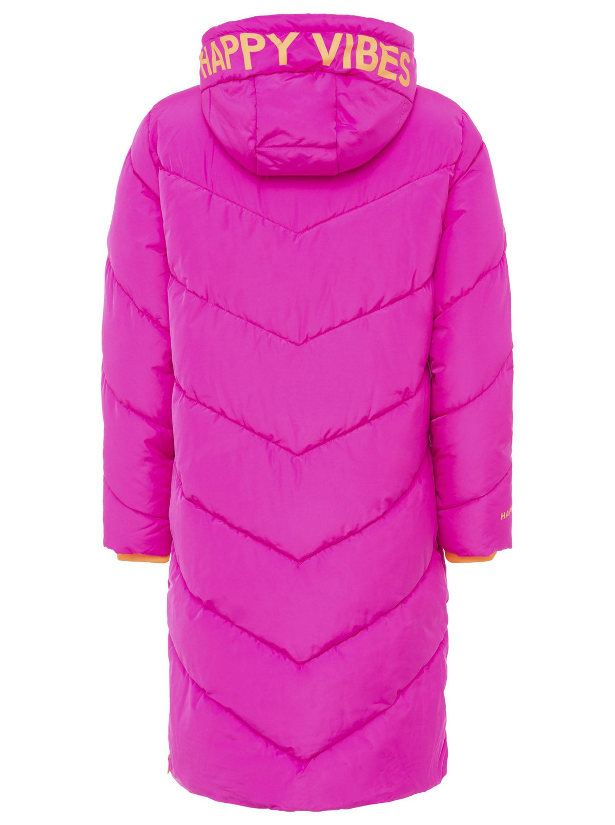 Zwillingsherz Steppmantel mit Kapuze in Magenta-Orange – Rückansicht mit auffälliger Steppung und geradem Schnitt