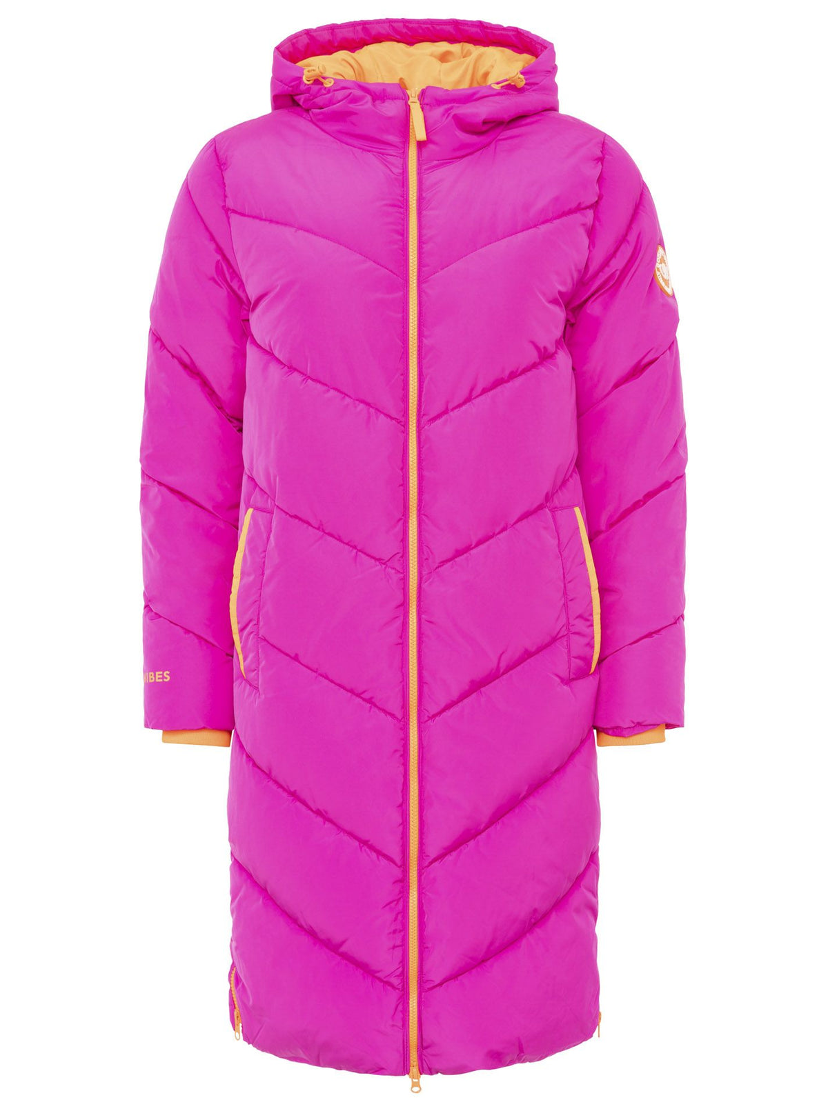 Zwillingsherz Steppmantel mit Kapuze in Magenta-Orange – Vorderansicht mit seitlichen Taschen und modischer Steppung