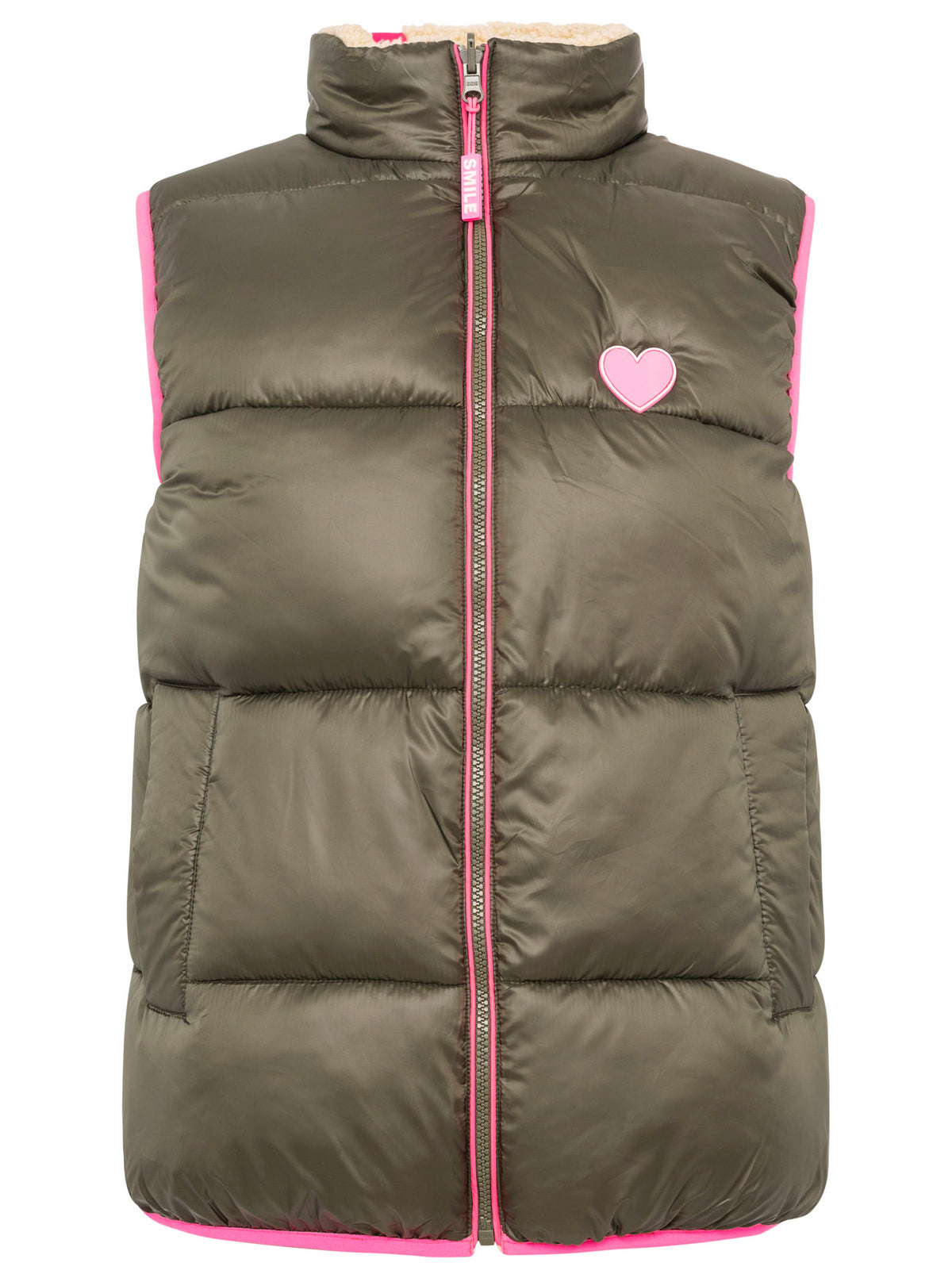 Zwillingsherz Steppweste kurz teddy-wendbar in Khaki/Pink – Vorderansicht