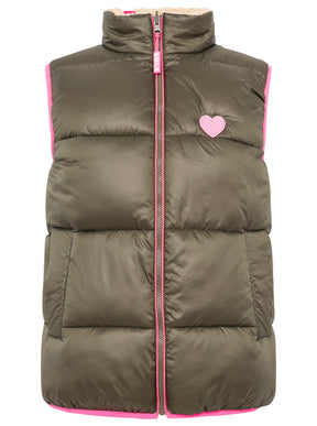 Zwillingsherz Steppweste kurz teddy-wendbar in Khaki/Pink – Vorderansicht