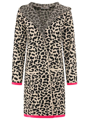 Zwillingsherz Strickjacke mit Kapuze Leo/Leopard - Schwarz/Beige/Pink