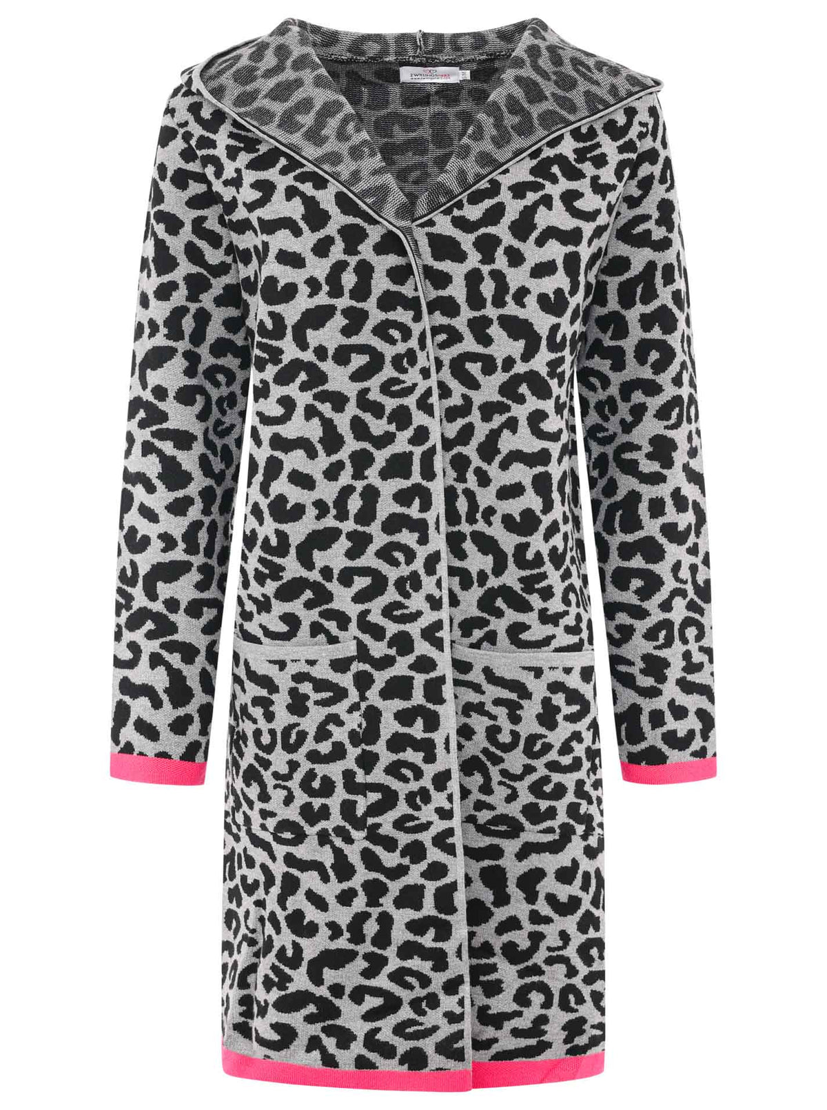 Zwillingsherz Strickjacke mit Kapuze Leo/Leopard - Schwarz/Grau/Pink