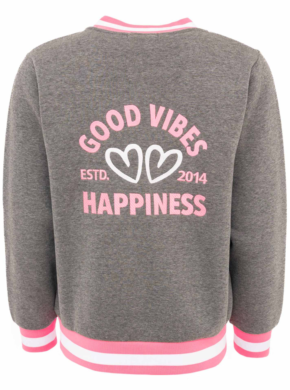 Zwillingsherz Sweatbomberjacke "Good Vibes Happiness" in Grau/Pink – Rückansicht der sportlich-bequemen Damenjacke mit stylischem Print.