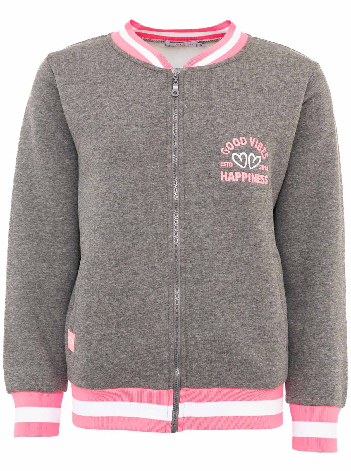 Zwillingsherz Sweatbomberjacke "Good Vibes Happiness" in Grau/Pink – Vorderansicht mit Reißverschluss, Eingrifftaschen und sportlichem Style.