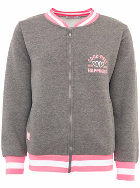 Zwillingsherz Sweatbomberjacke "Good Vibes Happiness" in Grau/Pink – Vorderansicht mit Reißverschluss, Eingrifftaschen und sportlichem Style.