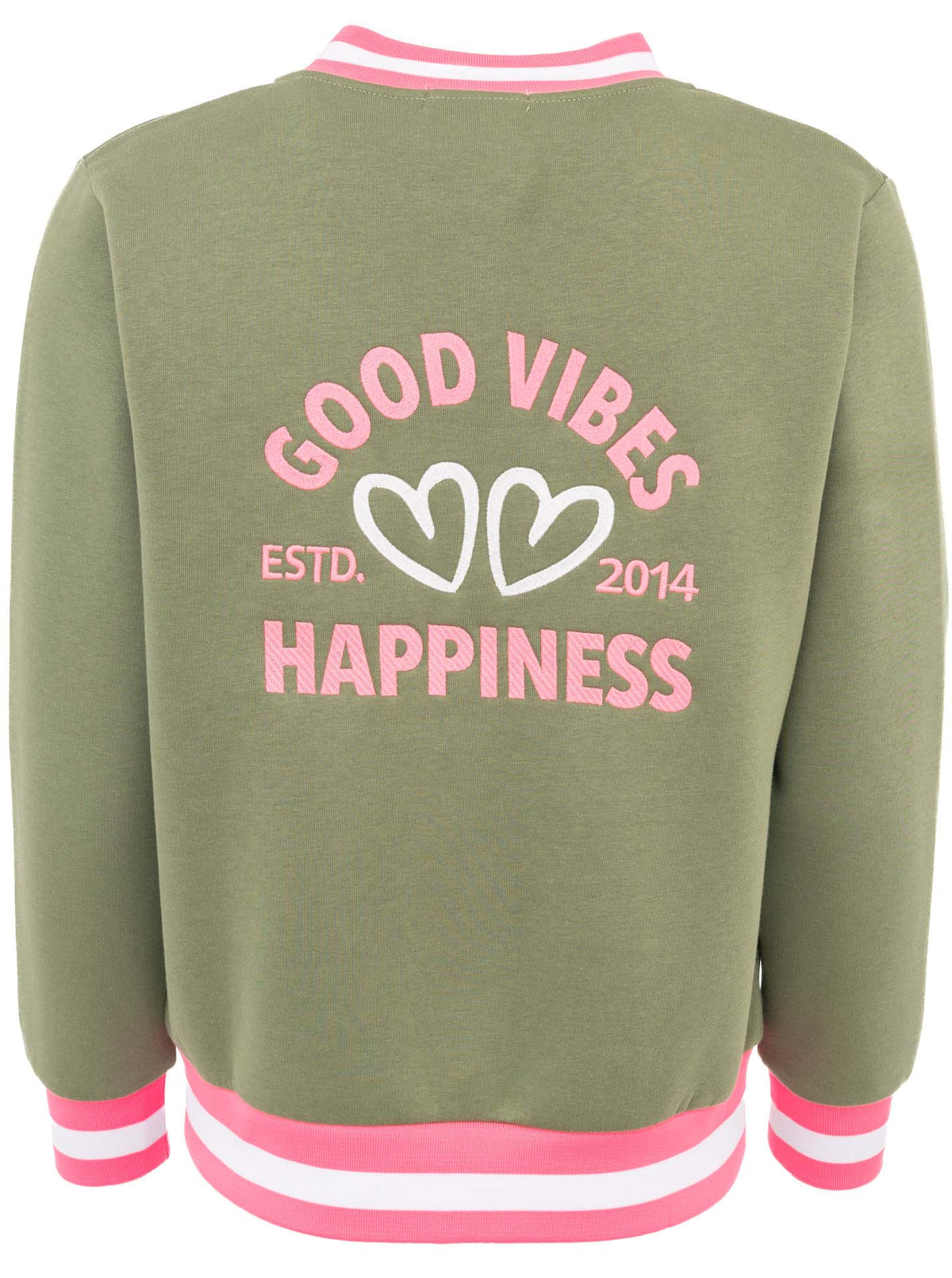 Zwillingsherz Sweatbomberjacke "Good Vibes Happiness" in Khaki/Pink – Rückansicht der bequemen Damenjacke mit sportivem Design.