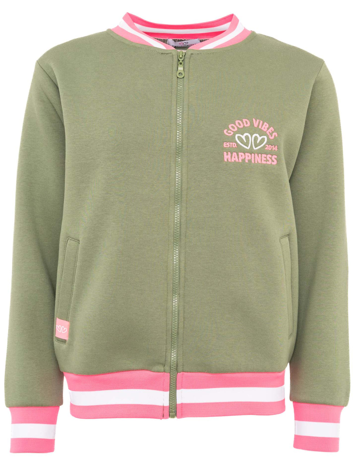 Zwillingsherz Sweatbomberjacke "Good Vibes Happiness" in Khaki/Pink – Vorderansicht mit Reißverschluss, Taschen und sportlichem Look.