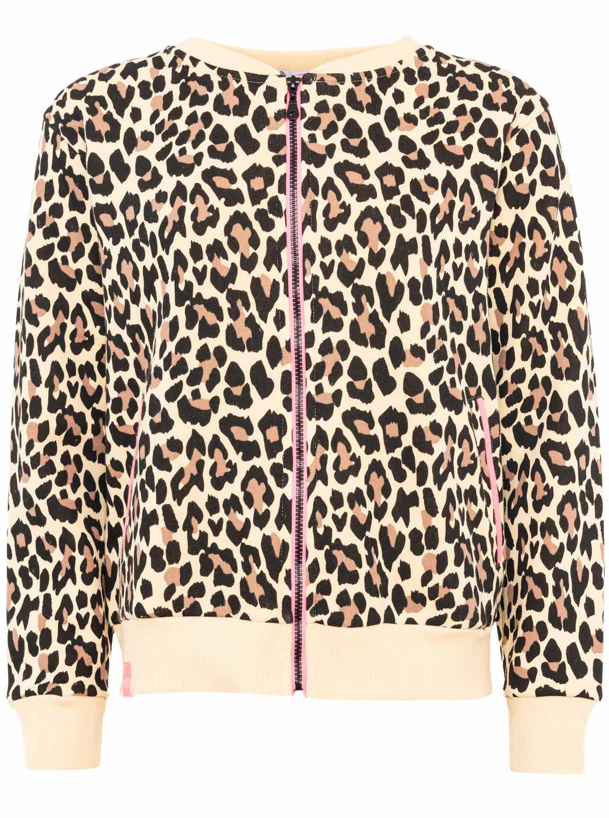 Zwillingsherz Sweatbomberjacke im Leo-Muster – Vorderansicht mit Reißverschluss, seitlichen Taschen und sportlich-lässigem Look.