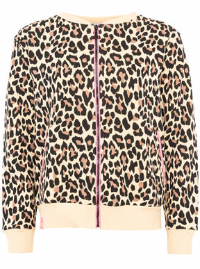 Zwillingsherz Sweatbomberjacke im Leo-Muster – Vorderansicht mit Reißverschluss, seitlichen Taschen und sportlich-lässigem Look.