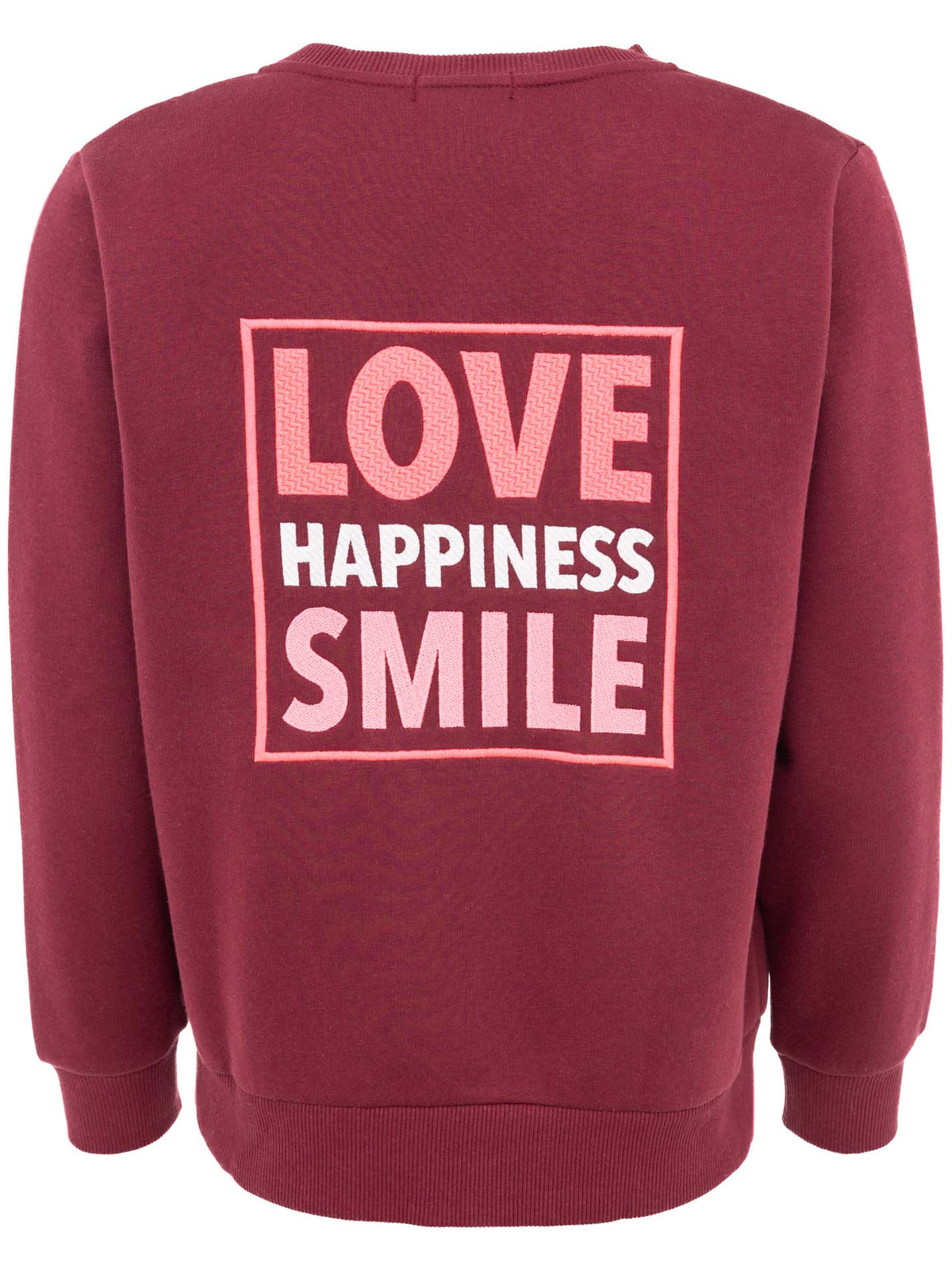 Zwillingsherz Kapuzen-Sweatjacke in Bordeauxrot mit Rückenprint "Love Happiness Smile" – Rückansicht der gemütlichen Damenjacke mit Kapuze.
