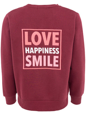 Zwillingsherz Kapuzen-Sweatjacke in Bordeauxrot mit Rückenprint "Love Happiness Smile" – Rückansicht der gemütlichen Damenjacke mit Kapuze.