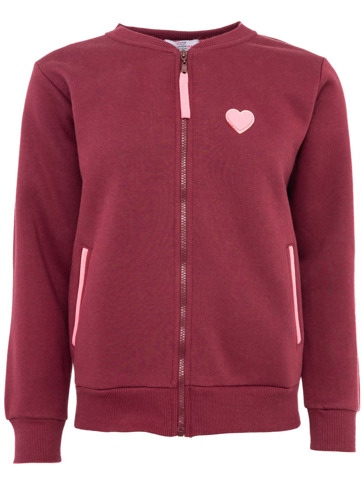 Zwillingsherz Kapuzen-Sweatjacke in Bordeauxrot mit kleinem Herz auf der Brust – Vorderansicht mit Reißverschluss und sportlich-bequemer Passform.