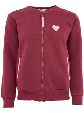 Zwillingsherz Kapuzen-Sweatjacke in Bordeauxrot mit kleinem Herz auf der Brust – Vorderansicht mit Reißverschluss und sportlich-bequemer Passform.