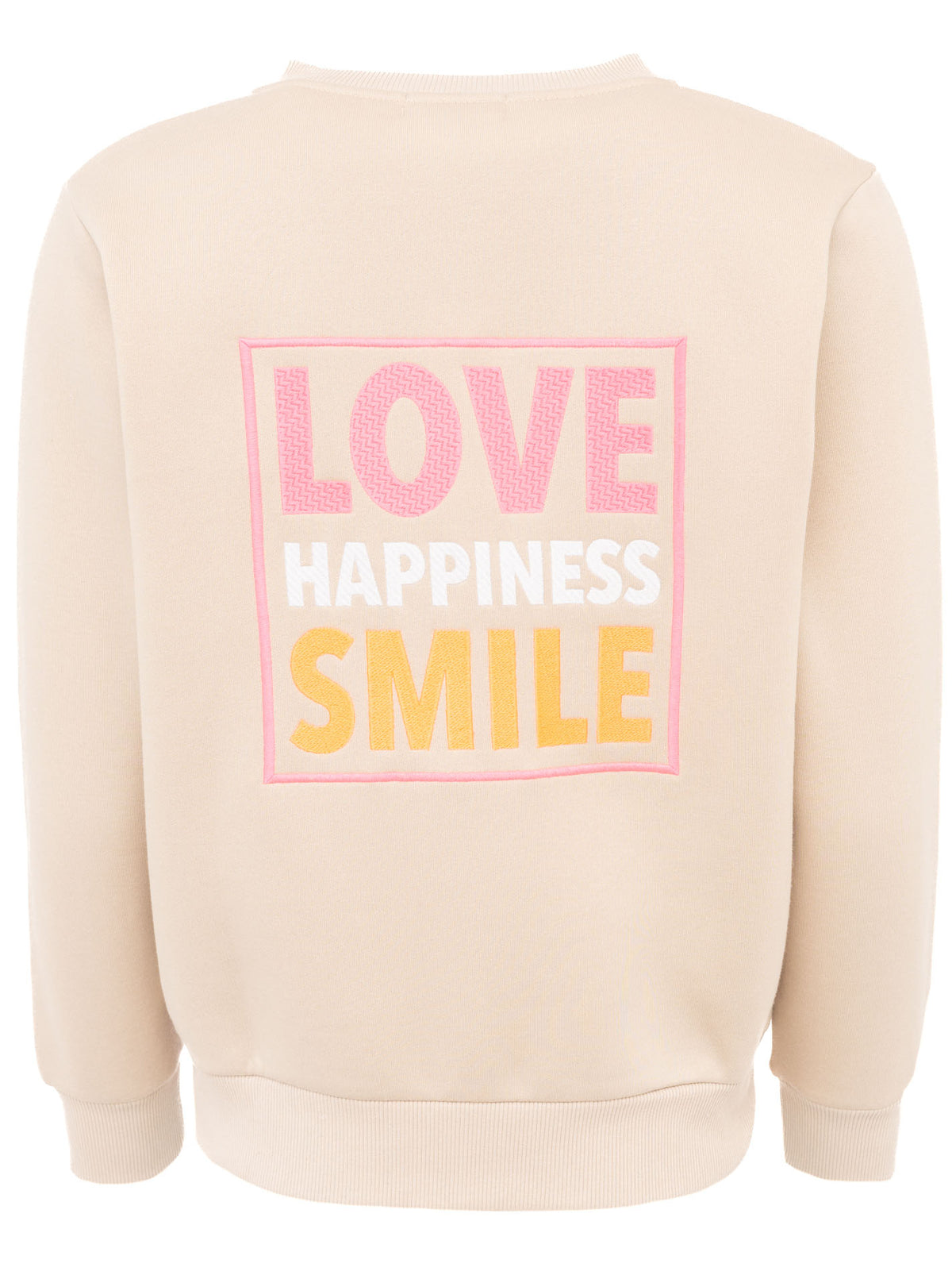 Zwillingsherz Kapuzen-Sweatjacke in Beige mit großem Rückenprint "Love Happiness Smile" – Rückansicht der bequemen und stilvollen Freizeitjacke.