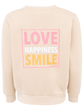 Zwillingsherz Kapuzen-Sweatjacke in Beige mit großem Rückenprint "Love Happiness Smile" – Rückansicht der bequemen und stilvollen Freizeitjacke.