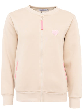 Zwillingsherz Kapuzen-Sweatjacke in Beige mit kleinem Herz vorn – sportliche Damenjacke mit Kapuze, Reißverschluss und Taschen, Vorderansicht.