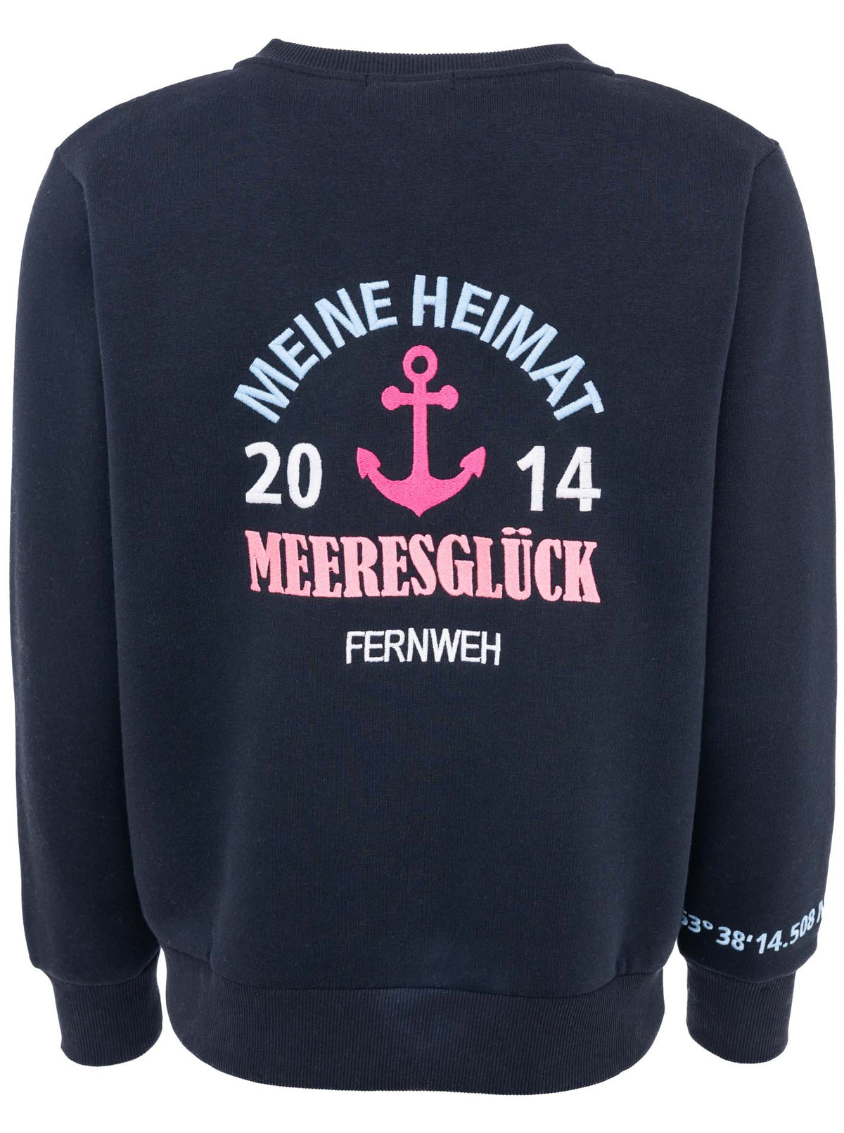 Zwillingsherz Sweatjacke "Meeresglück" mit großem Anker-Motiv in Navy/Pink – Rückansicht der kuscheligen Sweatjacke für Damen.