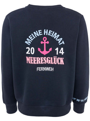 Zwillingsherz Sweatjacke "Meeresglück" mit großem Anker-Motiv in Navy/Pink – Rückansicht der kuscheligen Sweatjacke für Damen.