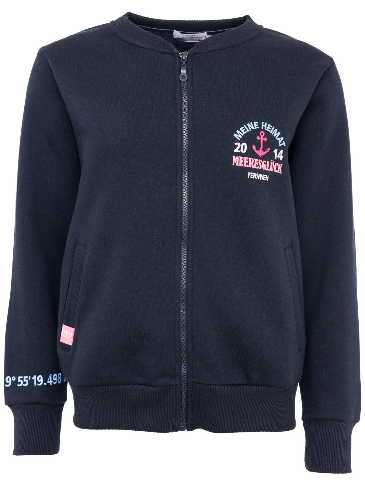 Zwillingsherz Sweatjacke "Meeresglück" mit Anker-Motiv in Navy/Pink – Vorderansicht der weichen Damenjacke mit Reißverschluss und Kapuze.