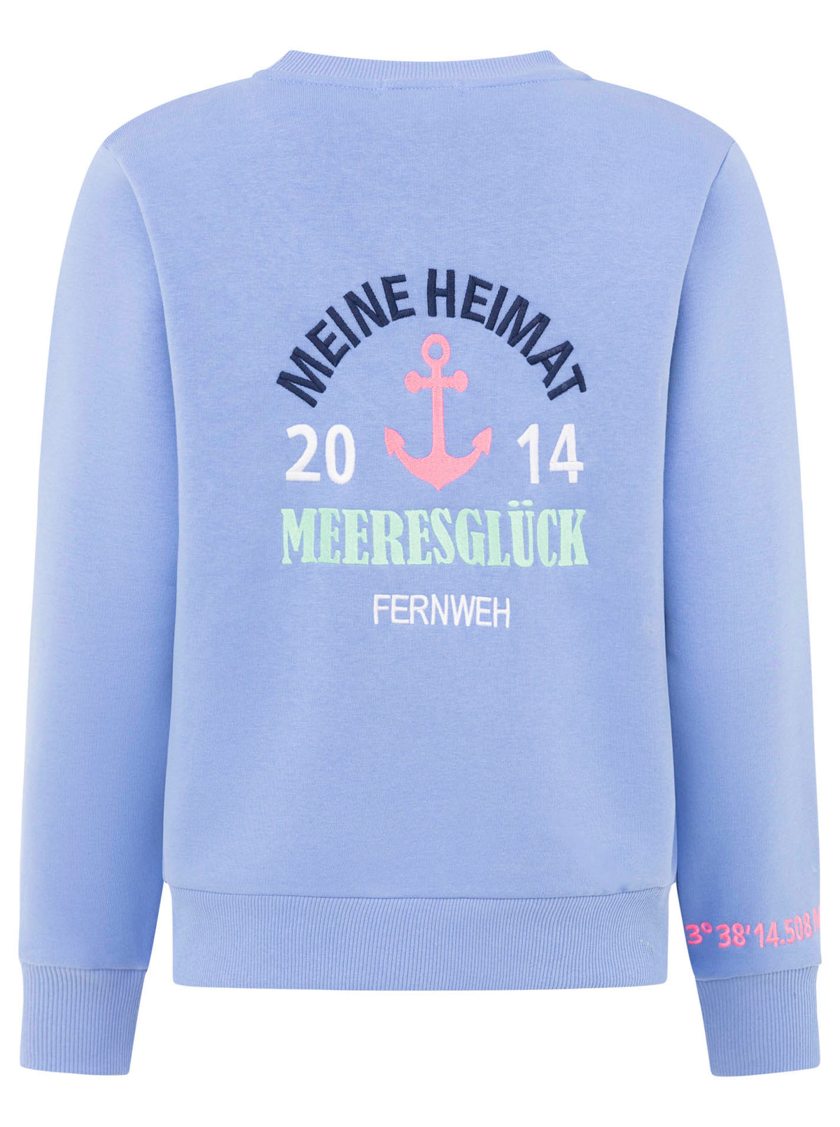 Zwillingsherz Sweatjacke "Meeresglück" mit großem Anker-Motiv in Hellblau – Rückansicht der kuscheligen Damenjacke aus weichem Sweatstoff.