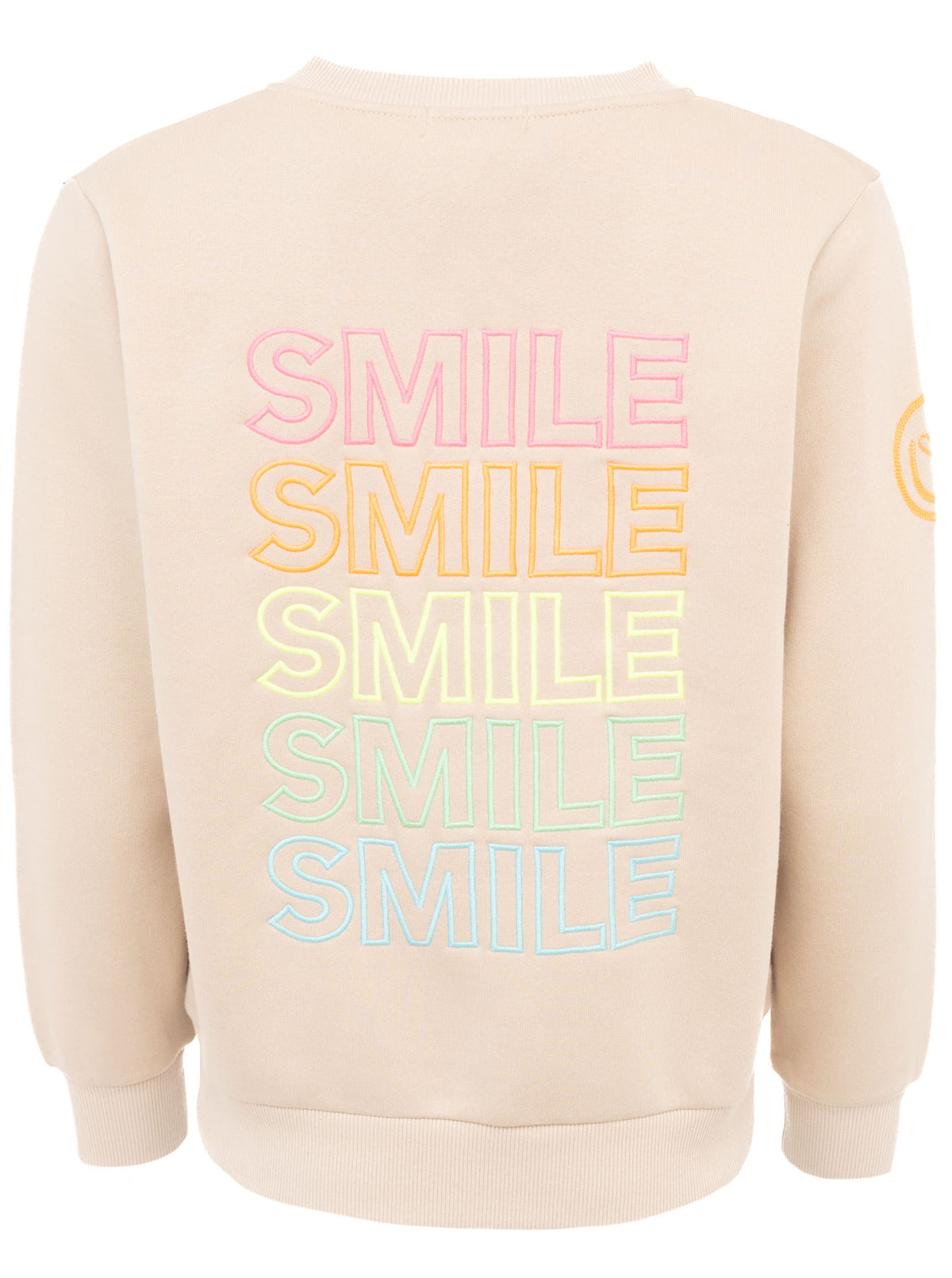 Zwillingsherz Sweatjacke in Beige mit farbigem Smile-Rückenprint – Rückansicht der bequemen Jacke für sportlich-legere Alltags-Outfits.