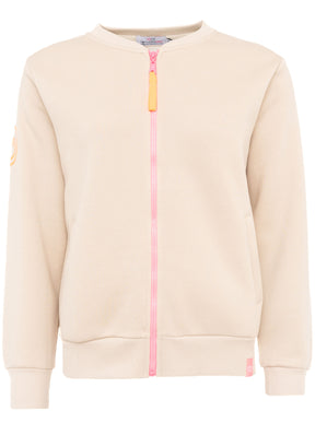Zwillingsherz Sweatjacke in Beige mit Regenbogen-Smile-Motiv – Vorderansicht mit Reißverschluss, Kapuze und praktischen Taschen.