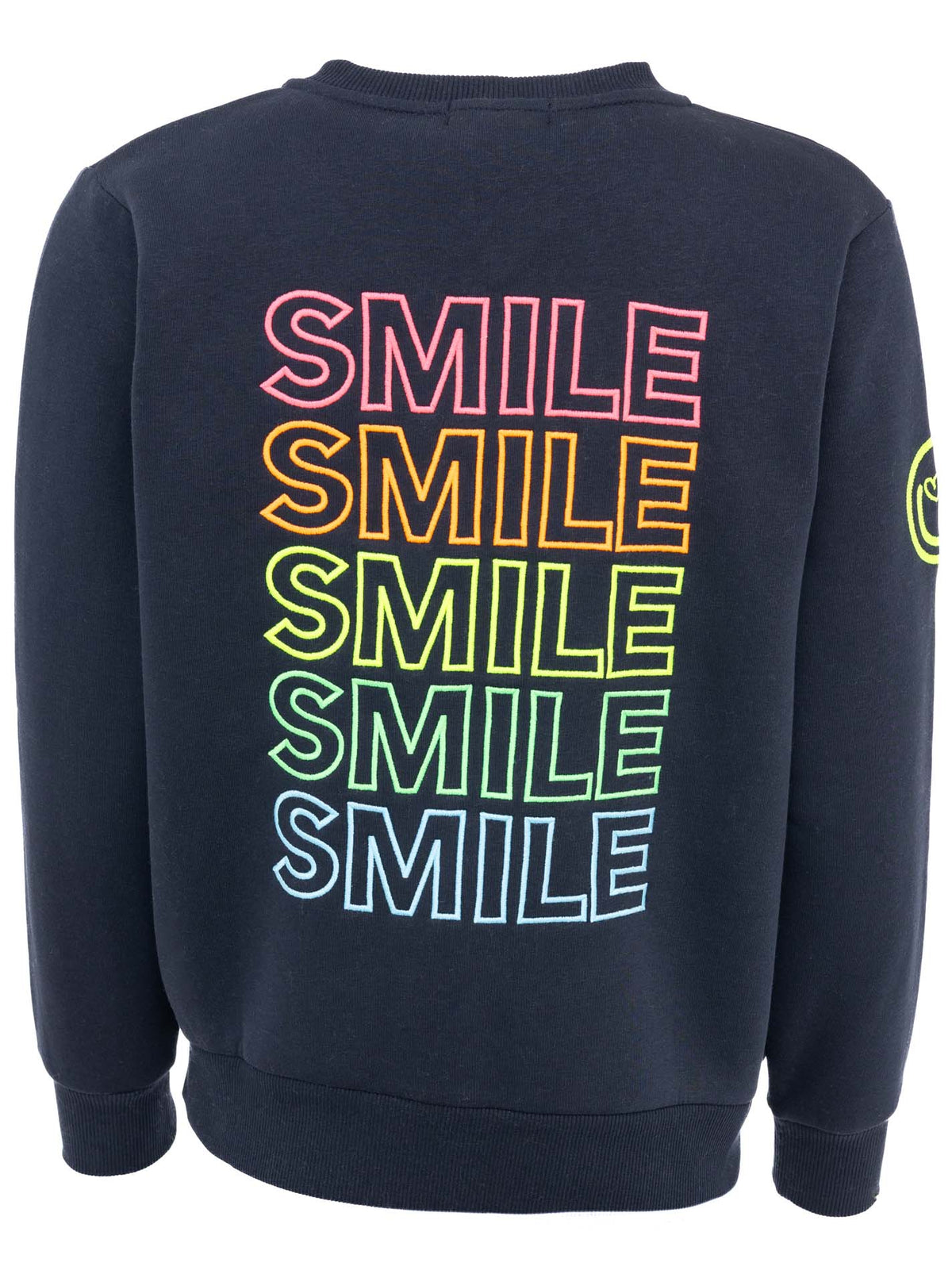 Zwillingsherz Sweatjacke in Navy mit buntem Smile-Motiv im Regenbogen-Design – Rückansicht der lässigen Damenjacke mit Wohlfühlfaktor.