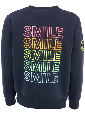 Zwillingsherz Sweatjacke in Navy mit buntem Smile-Motiv im Regenbogen-Design – Rückansicht der lässigen Damenjacke mit Wohlfühlfaktor.
