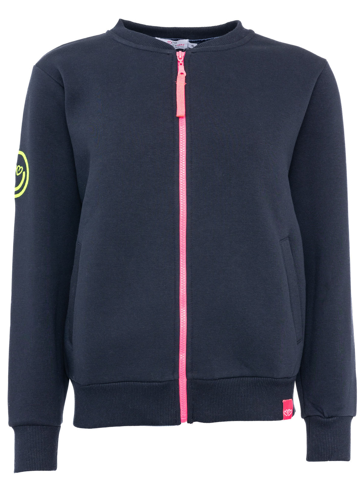 Zwillingsherz Sweatjacke in Navy mit Regenbogen-Smile-Motiv – Vorderansicht mit Reißverschluss, Kapuze und sportlich-bequemer Passform.