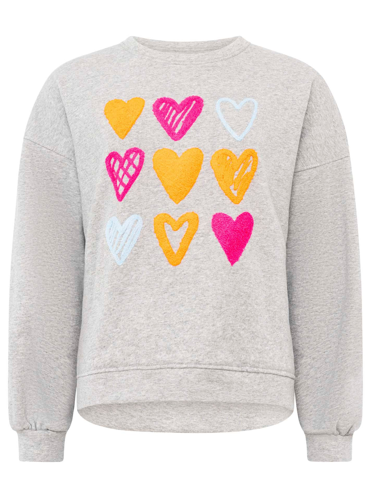 Zwillingsherz Sweatshirt in Grau mit gestickten Herzen in Orange und Pink – verspieltes Design mit liebevollen Details