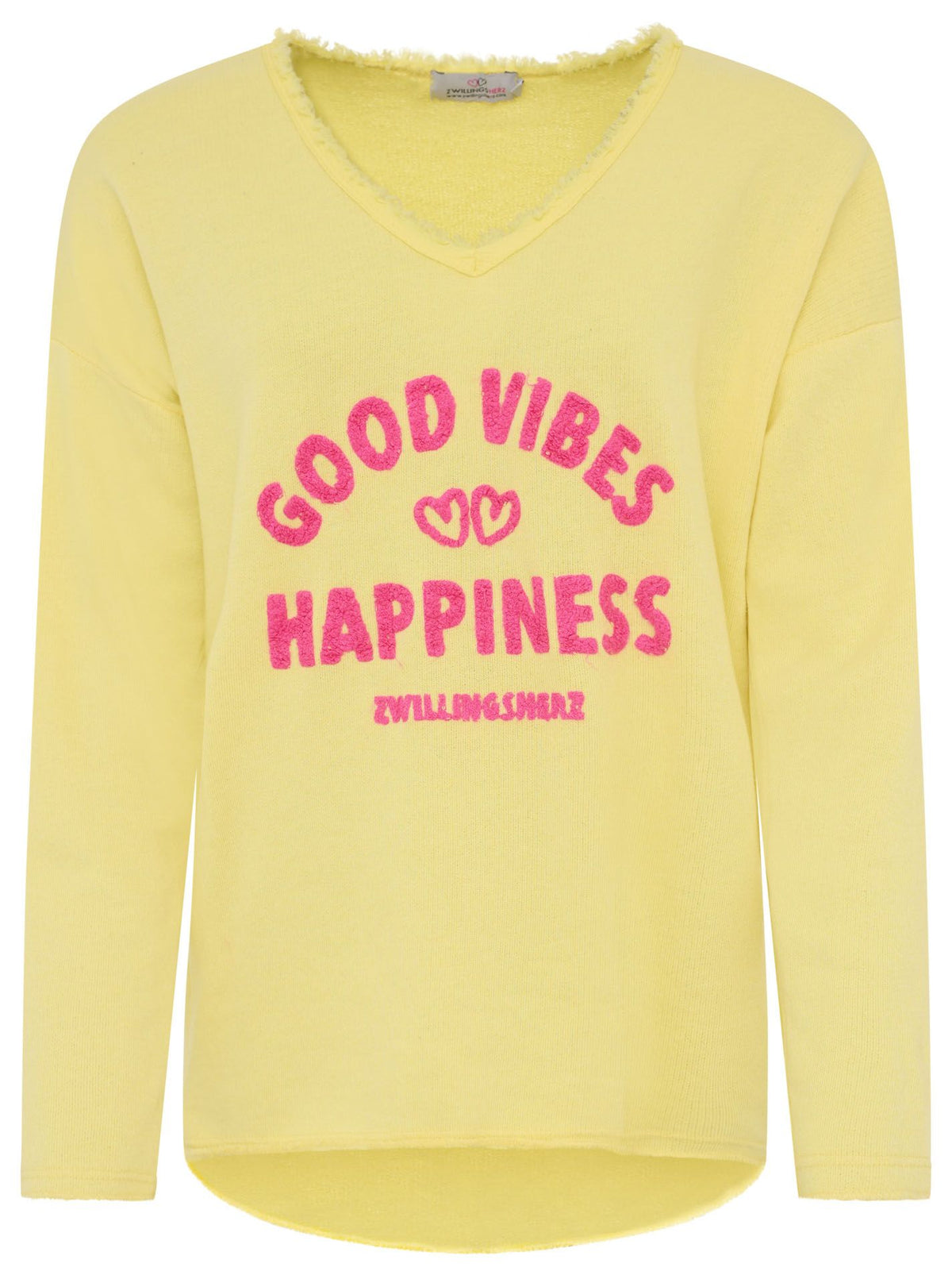 Zwillingsherz Damen Sweatshirt mit Stickerei ‚Good Vibes Happiness‘ in Gelb, Vorderansicht“