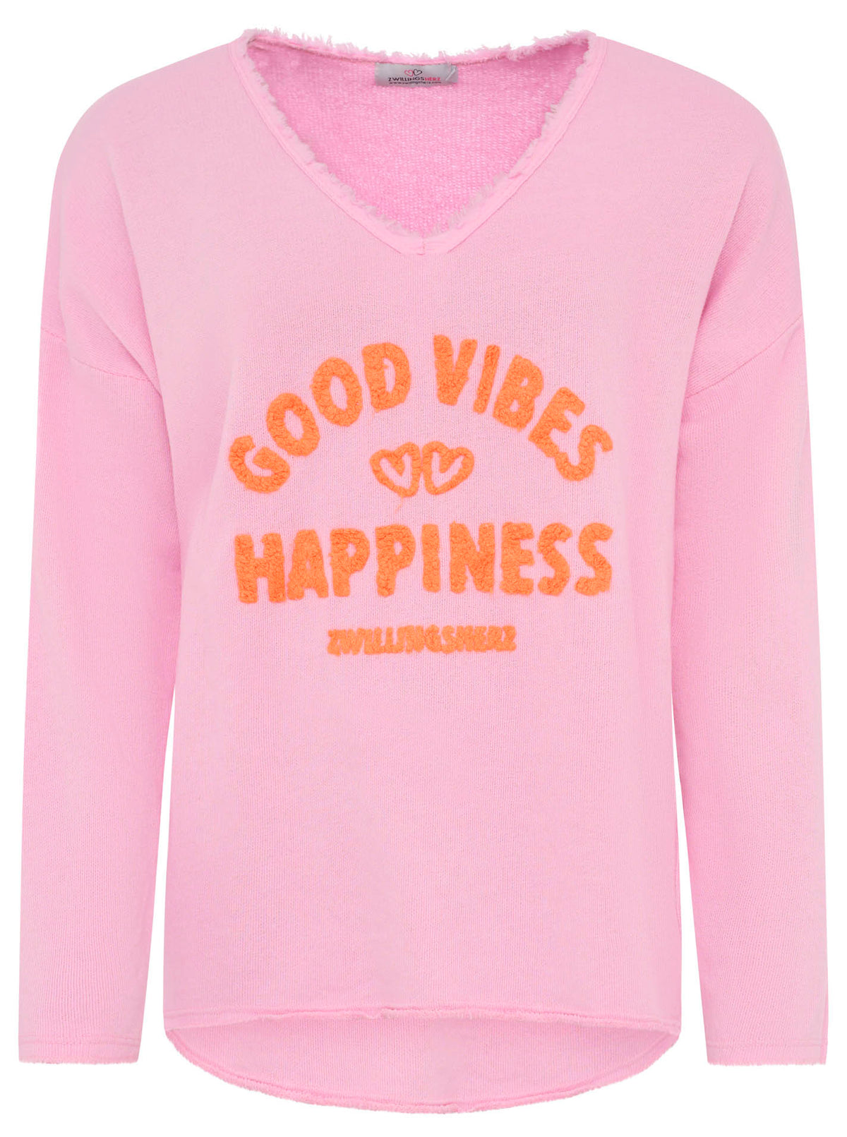 Zwillingsherz Damen Sweatshirt mit Stickerei ‚Good Vibes Happiness‘ in Pink, Vorderansicht“