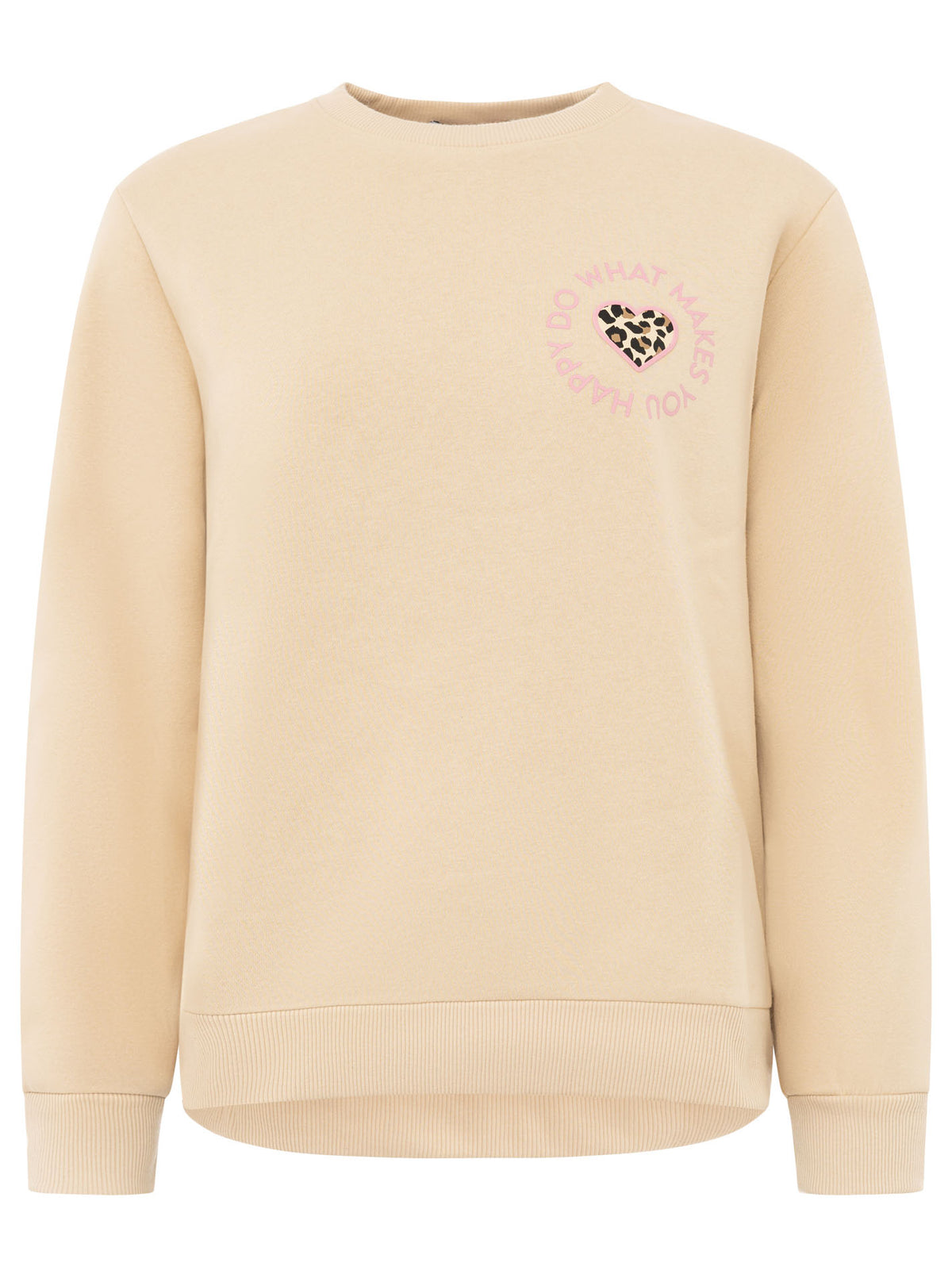 Zwillingsherz Sweatshirt Happy Leo Lettering in Hellbeige – Frontansicht