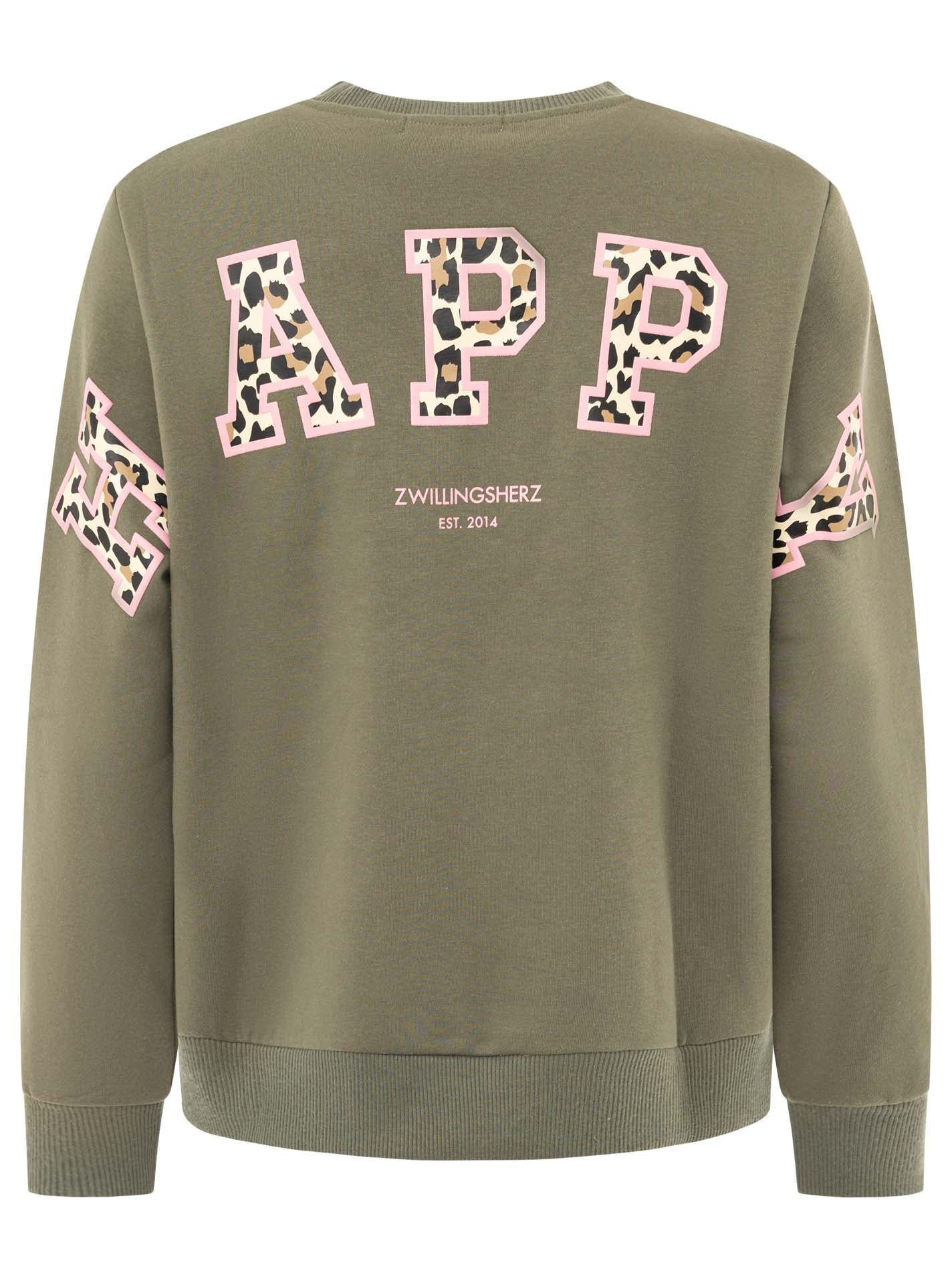 Zwillingsherz Sweatshirt Happy Leo Lettering in Khaki – Hauptansicht