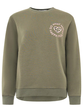 Zwillingsherz Sweatshirt Happy Leo Lettering in Khaki – Frontansicht