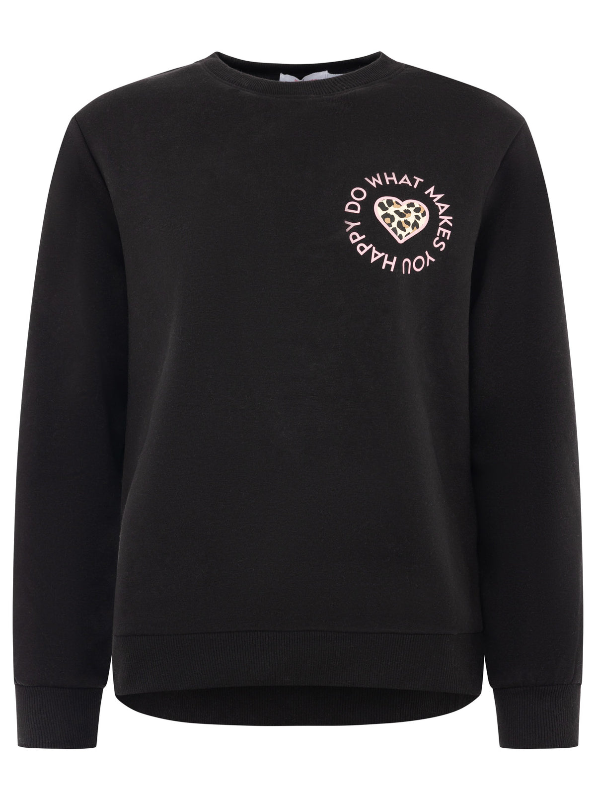 Zwillingsherz Sweatshirt Happy Leo Lettering in Schwarz – Frontansicht